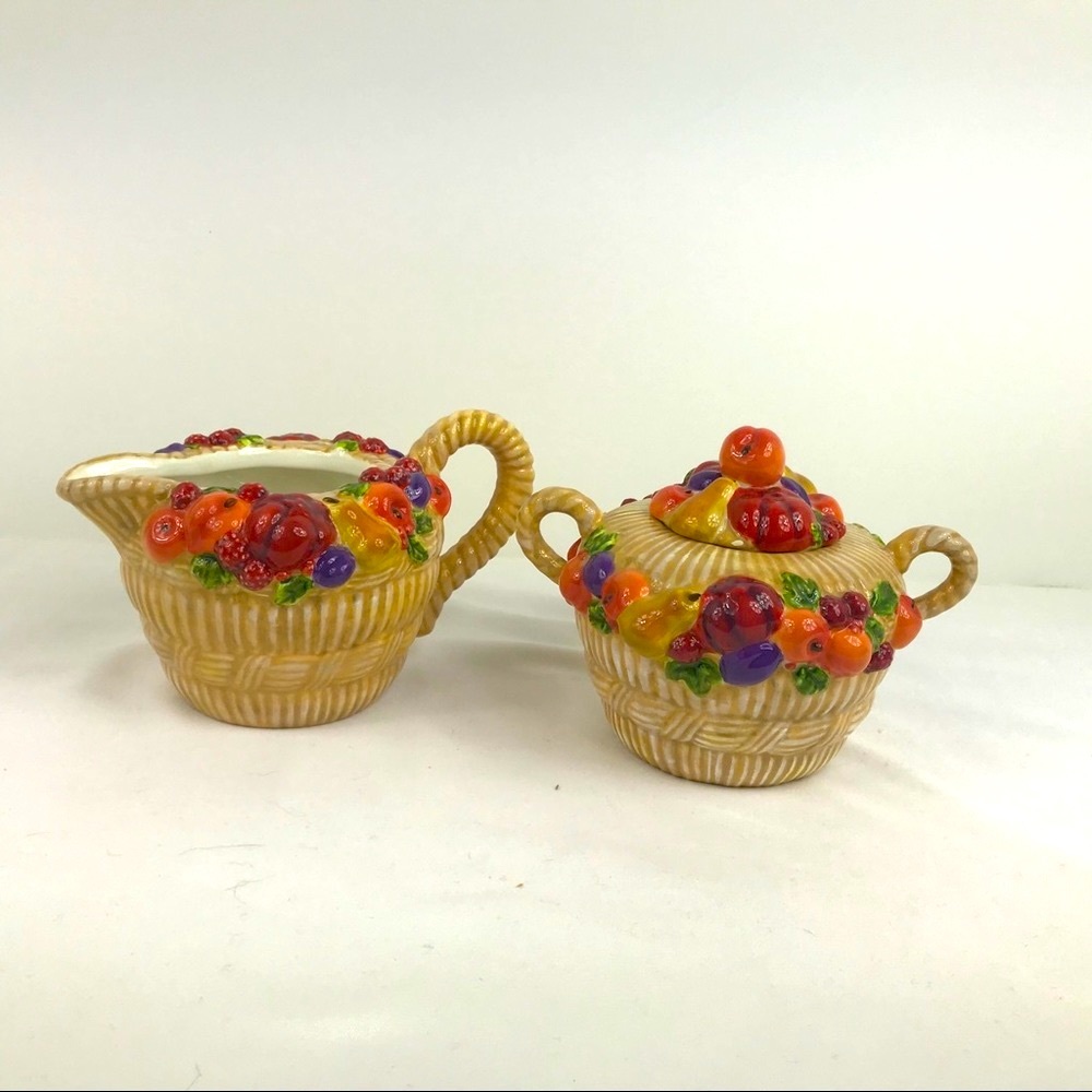 Vntg Department 56 Fall Harvest Basket Ceramic Cream/Sugar Set